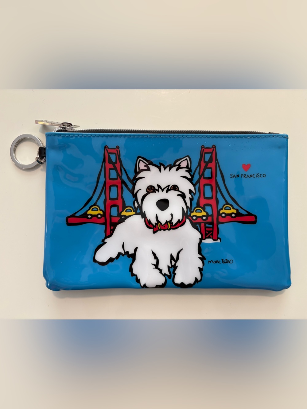 Marc Tetro Blue Zip Pouch with Dog and Golden Gate Bridge illustration